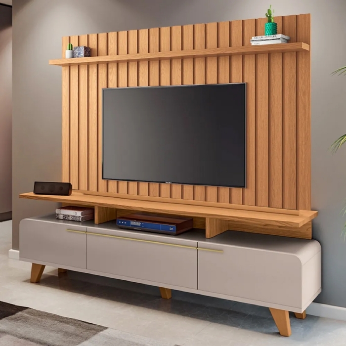 Painel TV 70 Pol Link 2.0 e Rack Bancada Essenza Off/Cinamomo - HB Móveis