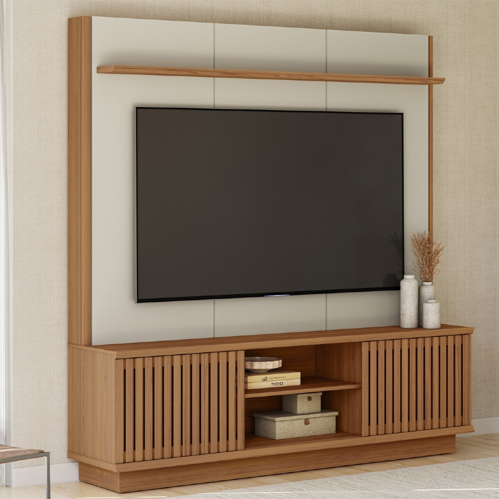 Estante Painel TV 75 Pol 180cm Ripado Hailey Canela/Off L06 - Mpozenato