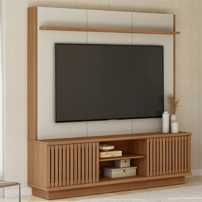 Estante Painel TV 75 Pol 180cm Ripado Hailey Canela/Off L06 - Mpozenato