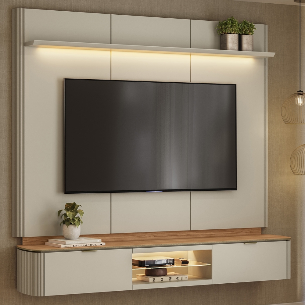 Painel TV 70 Pol 180cm Bancada Suspensa Lexie Canela/Off L06 - Mpozenato