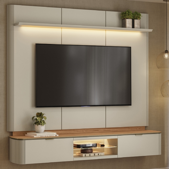 Painel TV 70 Pol 180cm Bancada Suspensa Lexie Canela/Off L06 - Mpozenato