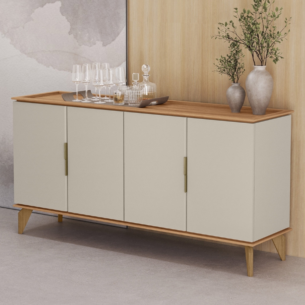 Buffet Aparador 160cm 4 Portas Pé Madeira Ozzy Canela/Off L06 - Mpozenato