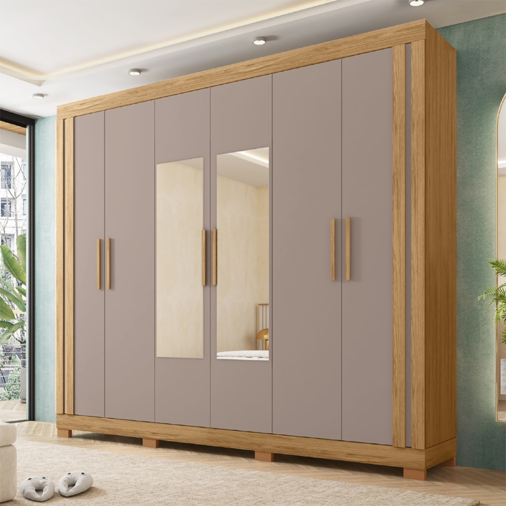 Guarda Roupa Casal 230cm 6 Portas Espelho Brasid Mel/Cacao C01 - Mpozenato