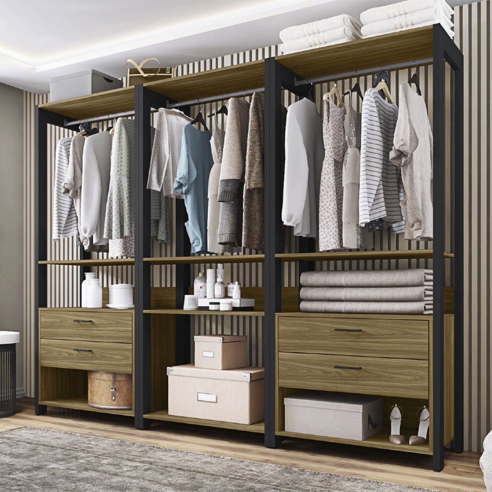 Guarda Roupa Casal Closet 219cm 4 Gavetas Una Mel/Preto C01 - Mpozenato
