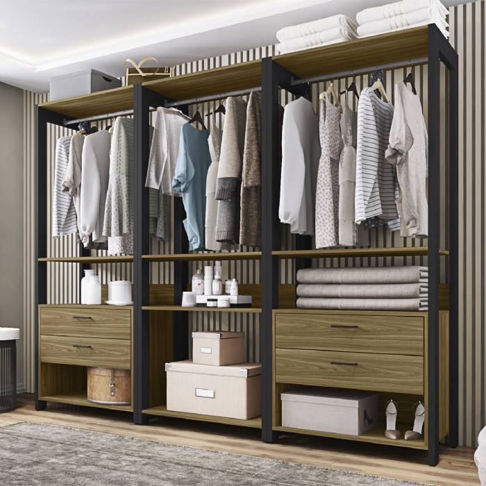 Guarda Roupa Casal Closet 219cm 4 Gavetas Una Mel/Preto C01 - Mpozenato