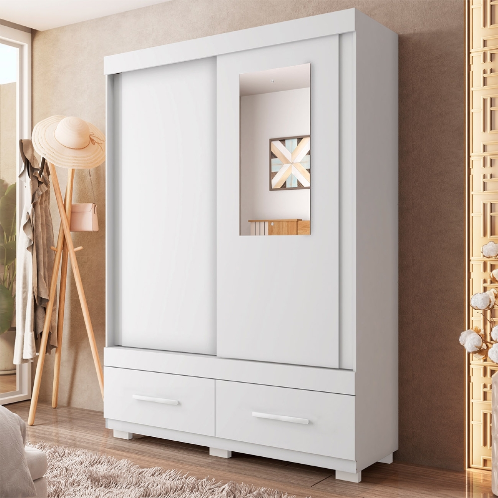 Guarda Roupa Solteiro 137cm 2 Portas Espelho Darius Branco C01 - Mpozenato
