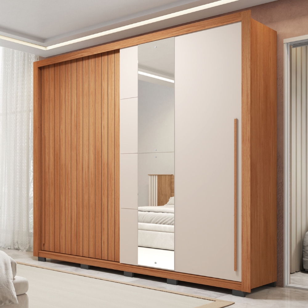Guarda Roupa Casal 245cm 2 Portas Espelho Scipio Freijó/Off C01 - Mpozenato