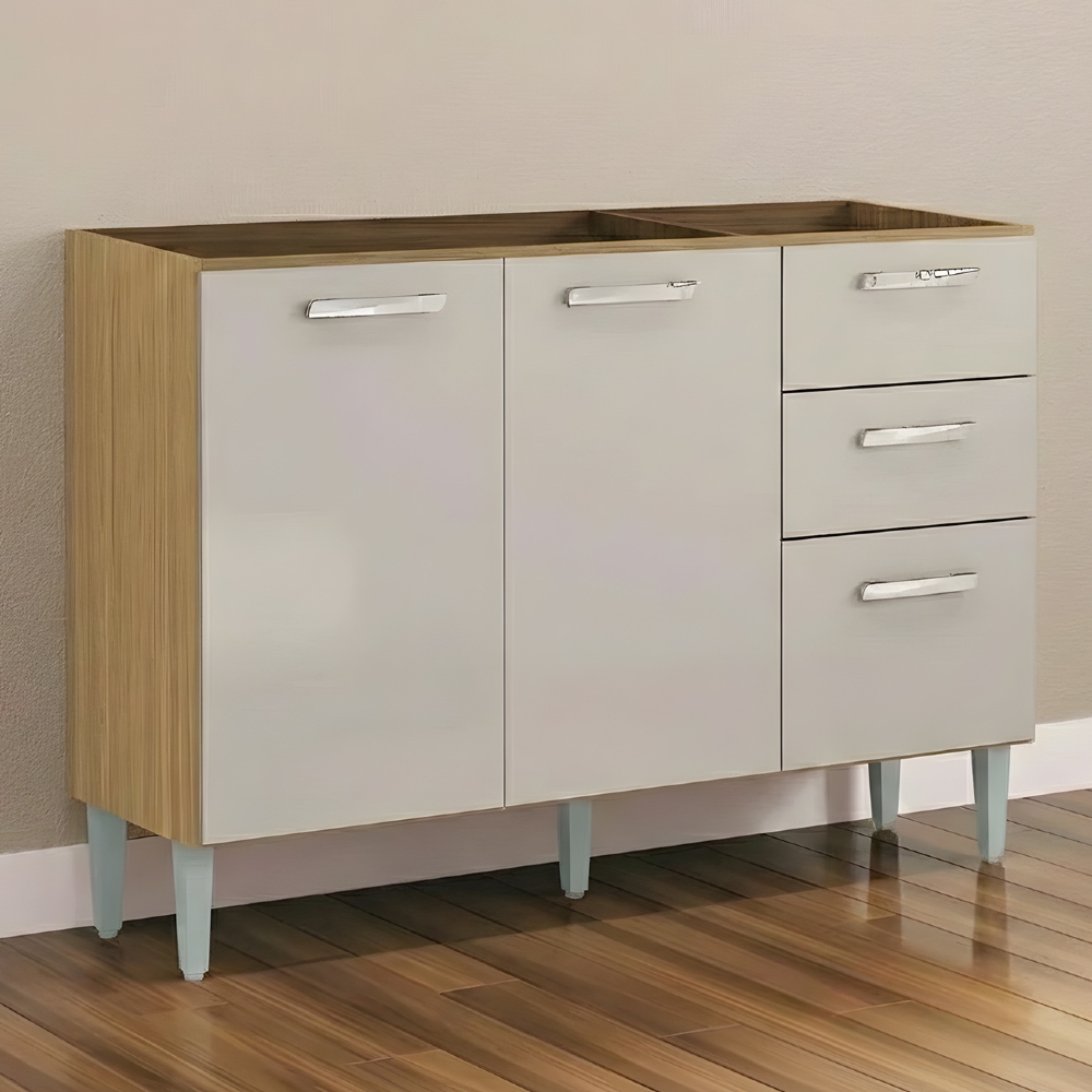 Balcão de Cozinha para Pia 120cm 3 Portas 2 Gavetas Livy Z46 Damasco/Off White - Mpozenato