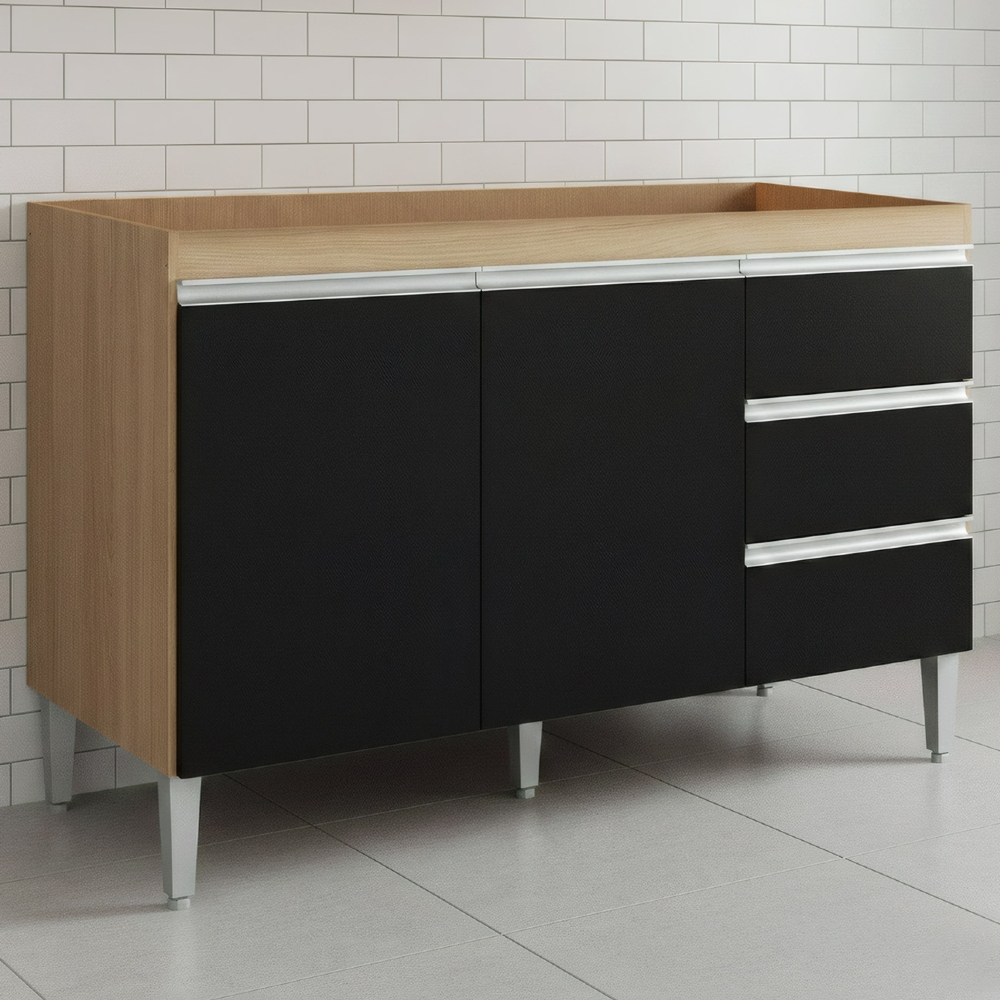 Balcão de Cozinha Para Pia 100cm 3 Gavetas Andréia Amêndoa/Preto - AJL Móveis