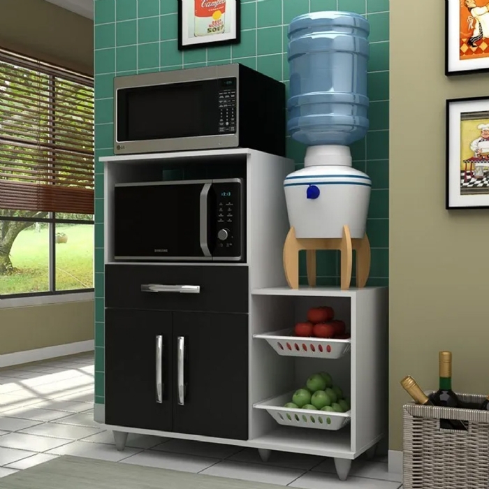 Armário Multiuso Irlanda com Fruteira e Nicho Micro-Ondas Branco/Preto - Lumil