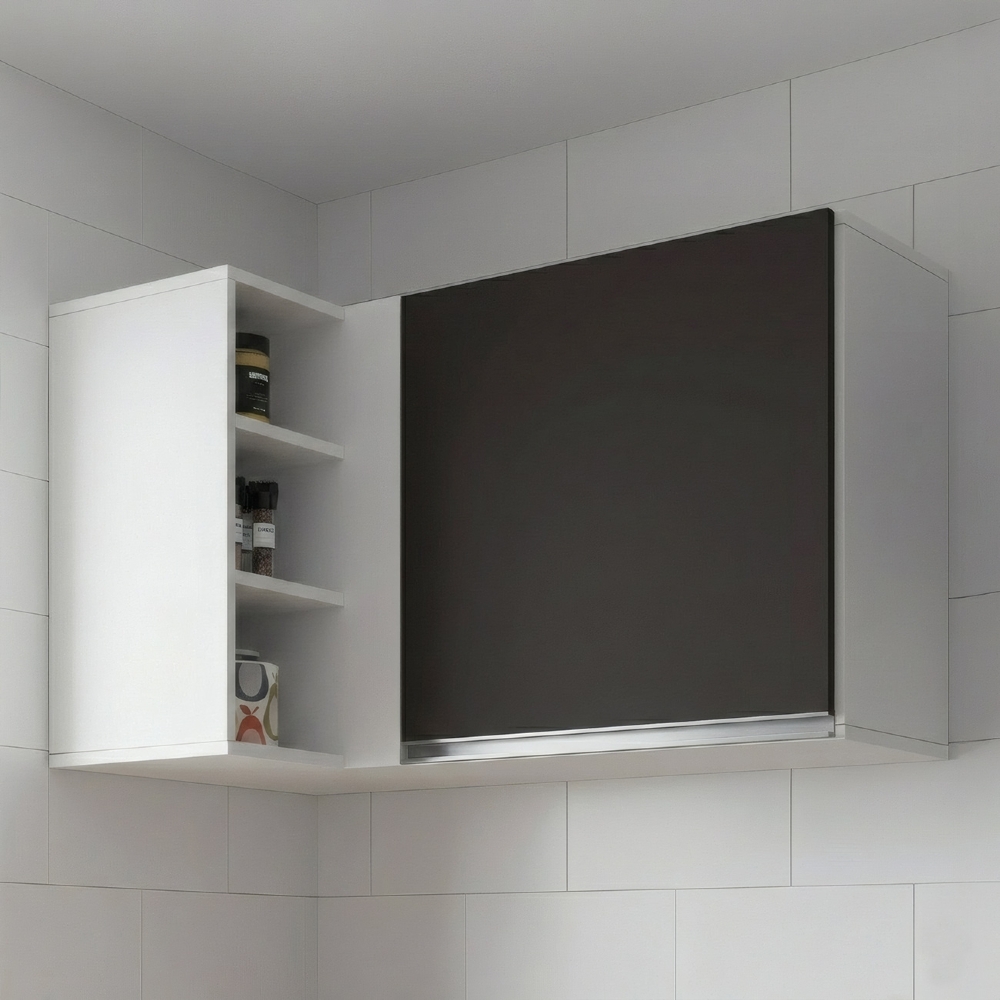 Armário Aéreo de Canto Reto Com Nicho Adega Austin Branco/Preto - Lumil