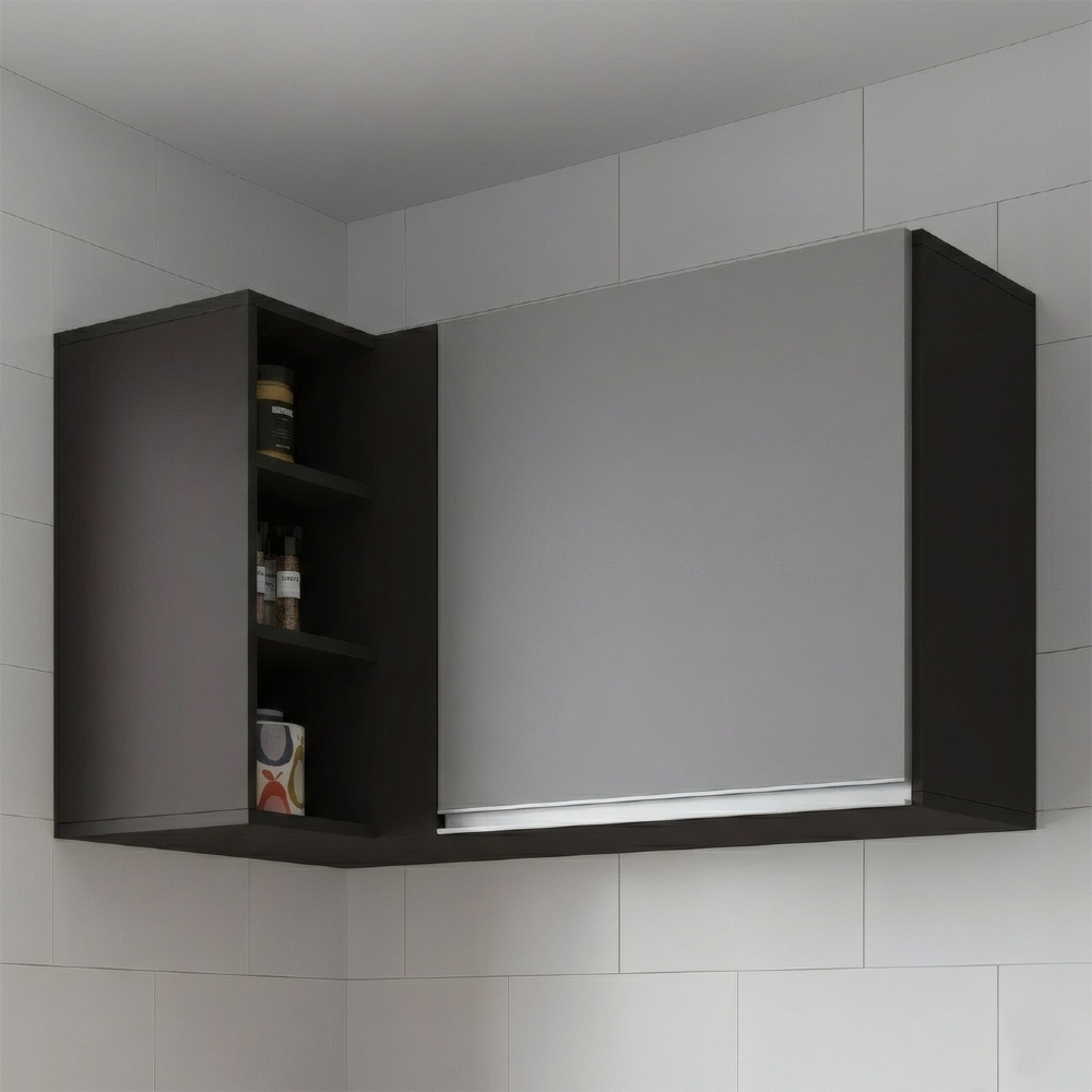 Armário Aéreo de Canto Reto Com Nicho Adega Austin Preto/Cinza - Lumil