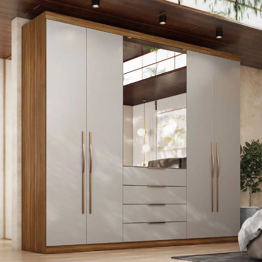 Guarda Roupa Casal 262cm Com Espelho Giard D02 Amêndola/Nude - Mpozenato