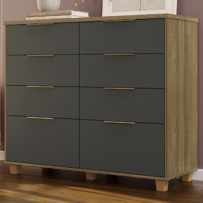 Cômoda Quarto 121cm 8 Gavetas Delmont Nature/Alasca V02 - Mpozenato