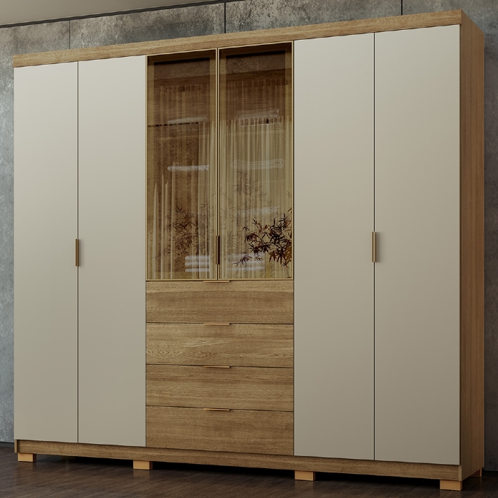 Guarda Roupa Casal 260cm Vidro Reflecta Vonn Nature/Fendi V02 - Mpozenato