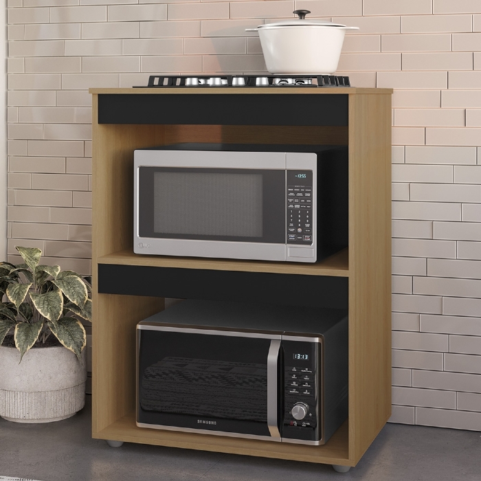 Balcão Para Cooktop e Forno Microondas 75cm Adriana Amêndoa/Preto - AJL Móveis