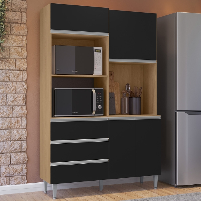 Armário de Cozinha Compacta 120cm 4 Portas Livia Amêndoa/Preto - AJL Móveis