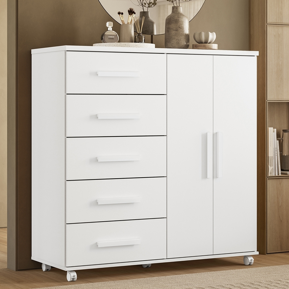 Cômoda Quarto 120cm 5 Gavetas 2 Portas Torena Branco A02 - Mpozenato