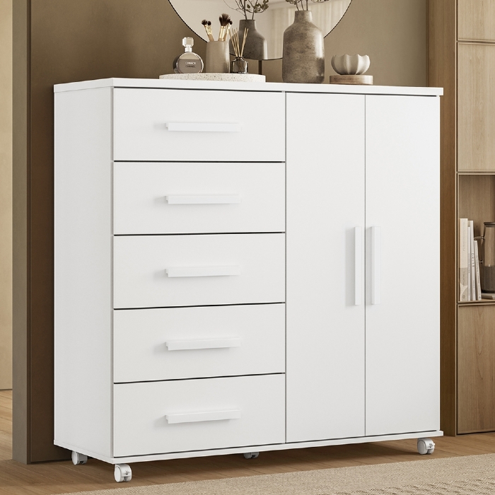 Cômoda Quarto 120cm 5 Gavetas 2 Portas Torena Branco A02 - Mpozenato