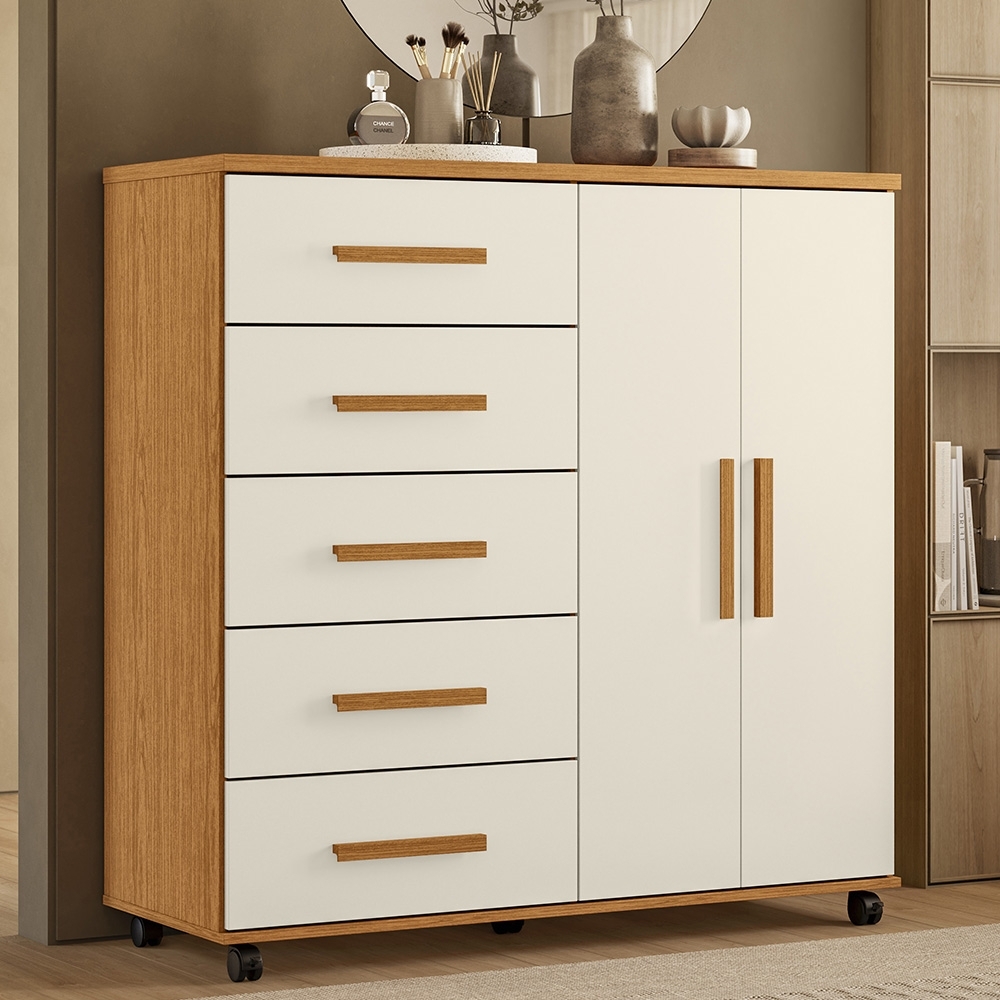 Cômoda Quarto 120cm 5 Gavetas 2 Portas Torena Cinamono/Off A02 - Mpozenato