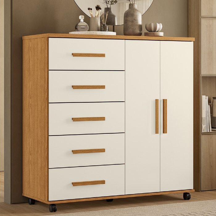 Cômoda Quarto 120cm 5 Gavetas 2 Portas Torena Cinamono/Off A02 - Mpozenato