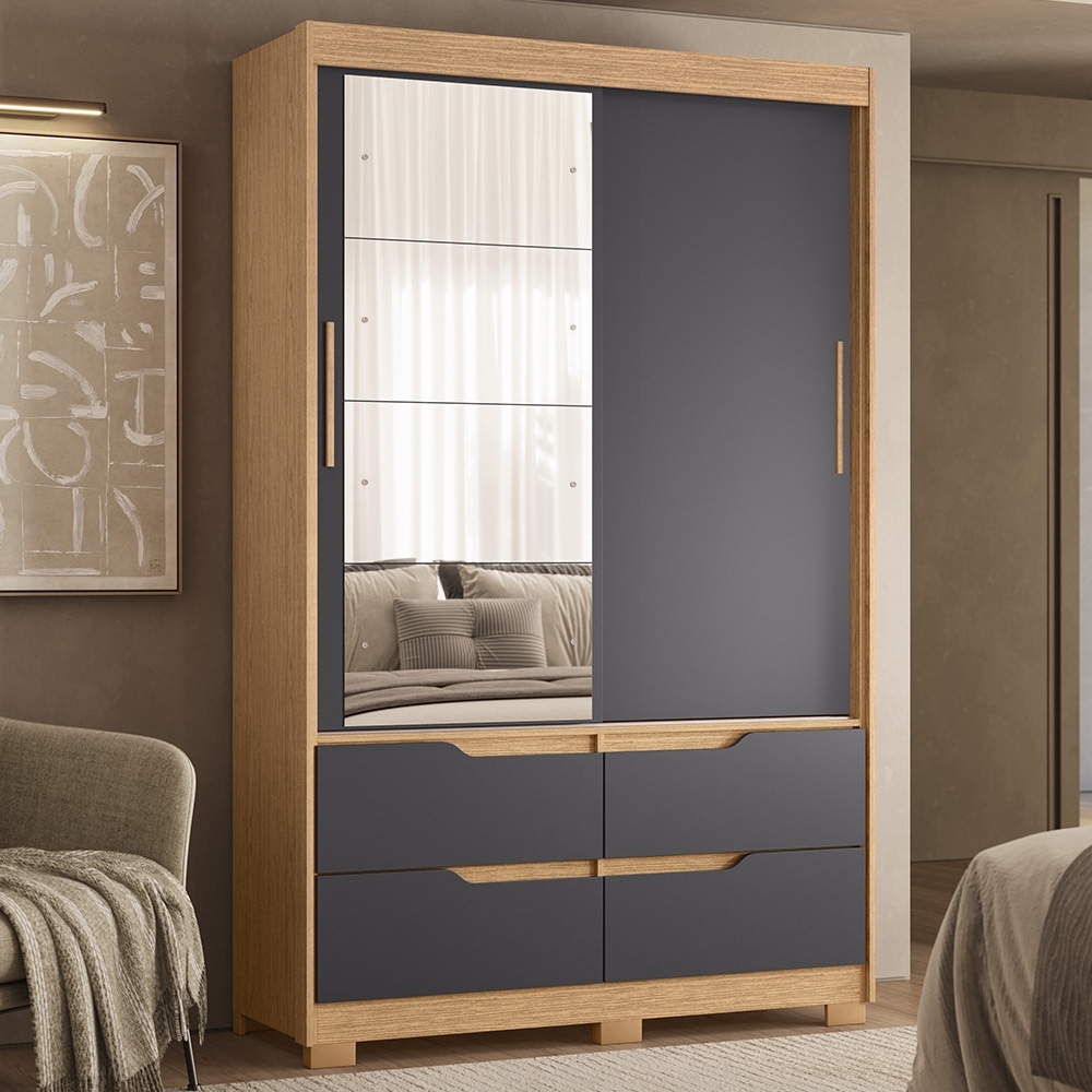 Guarda Roupa Casal 136cm Com Espelho Solare Freijó/Titanium A02 - Mpozenato