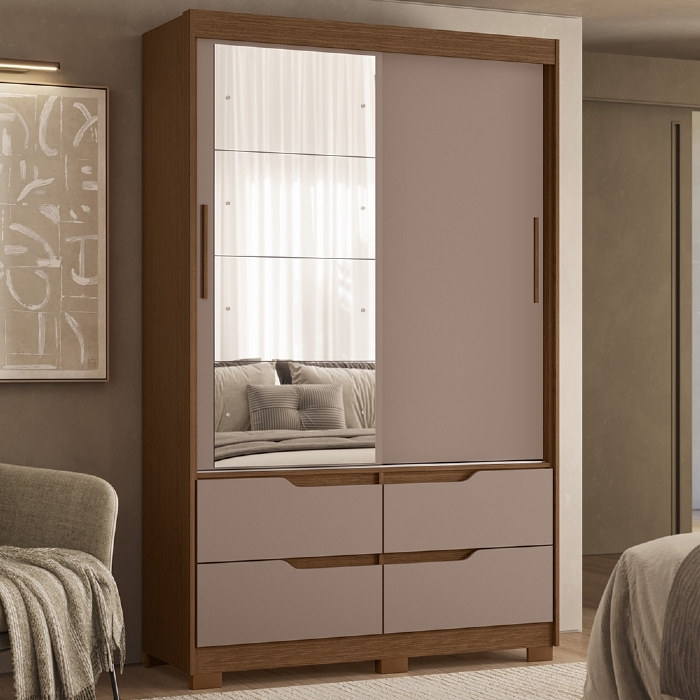 Guarda Roupa Casal 136cm Com Espelho Solare Nogueira/Cappuccino A02 - Mpozenato