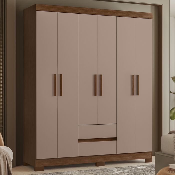 Guarda Roupa Casal 154cm 6 Portas Lipion Nogueira/Cappuccino A02 - Mpozenato