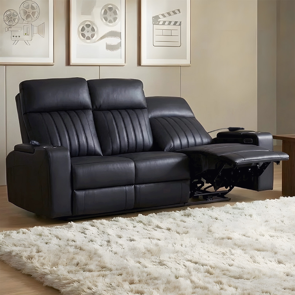 Poltrona Reclinável Cinema 3 Lugares Baú USB PU Moscou Sintético Preto Z57 - Mpozenato
