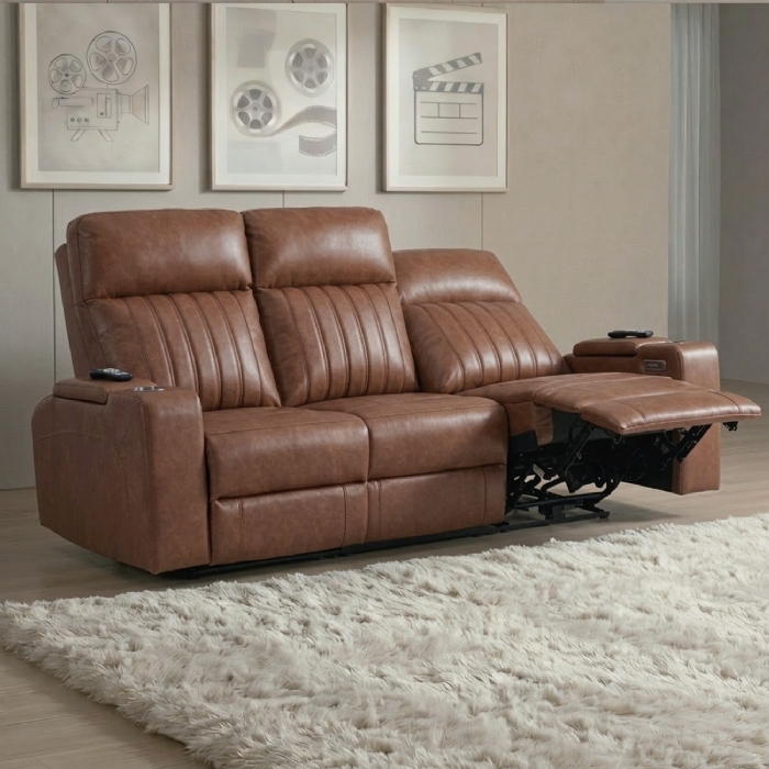 Poltrona Reclinável Cinema 3 Lugares Baú USB PU Moscou Sintético Camel Z57 - Mpozenato
