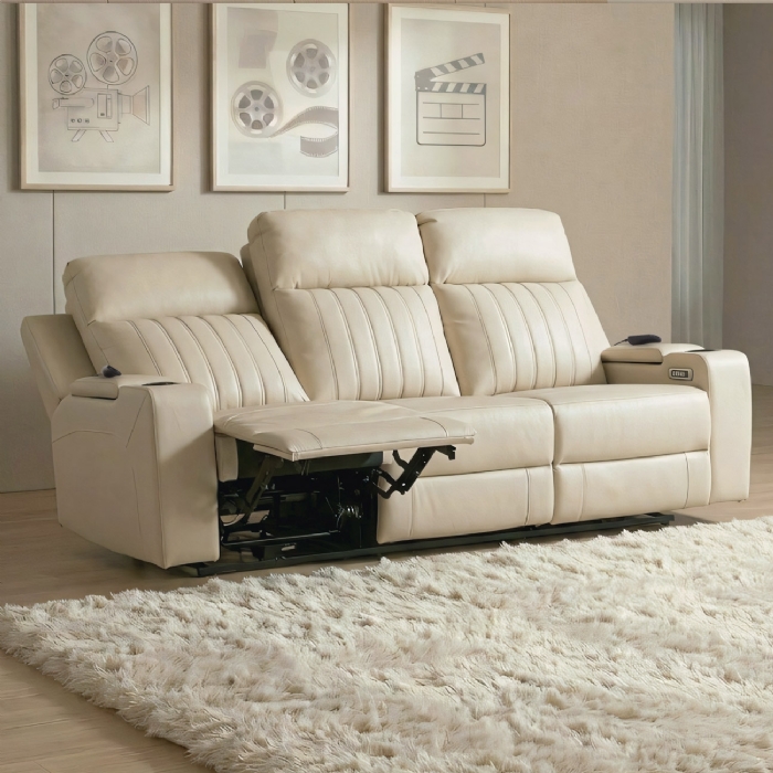 Poltrona Reclinável Cinema 3 Lugares Baú USB PU Moscou Sintético Bege Z57 - Mpozenato
