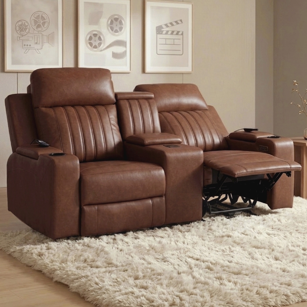 Poltrona Reclinável Cinema 2 Lugares Baú USB PU Moscou Sintético Camel Z57 - Mpozenato