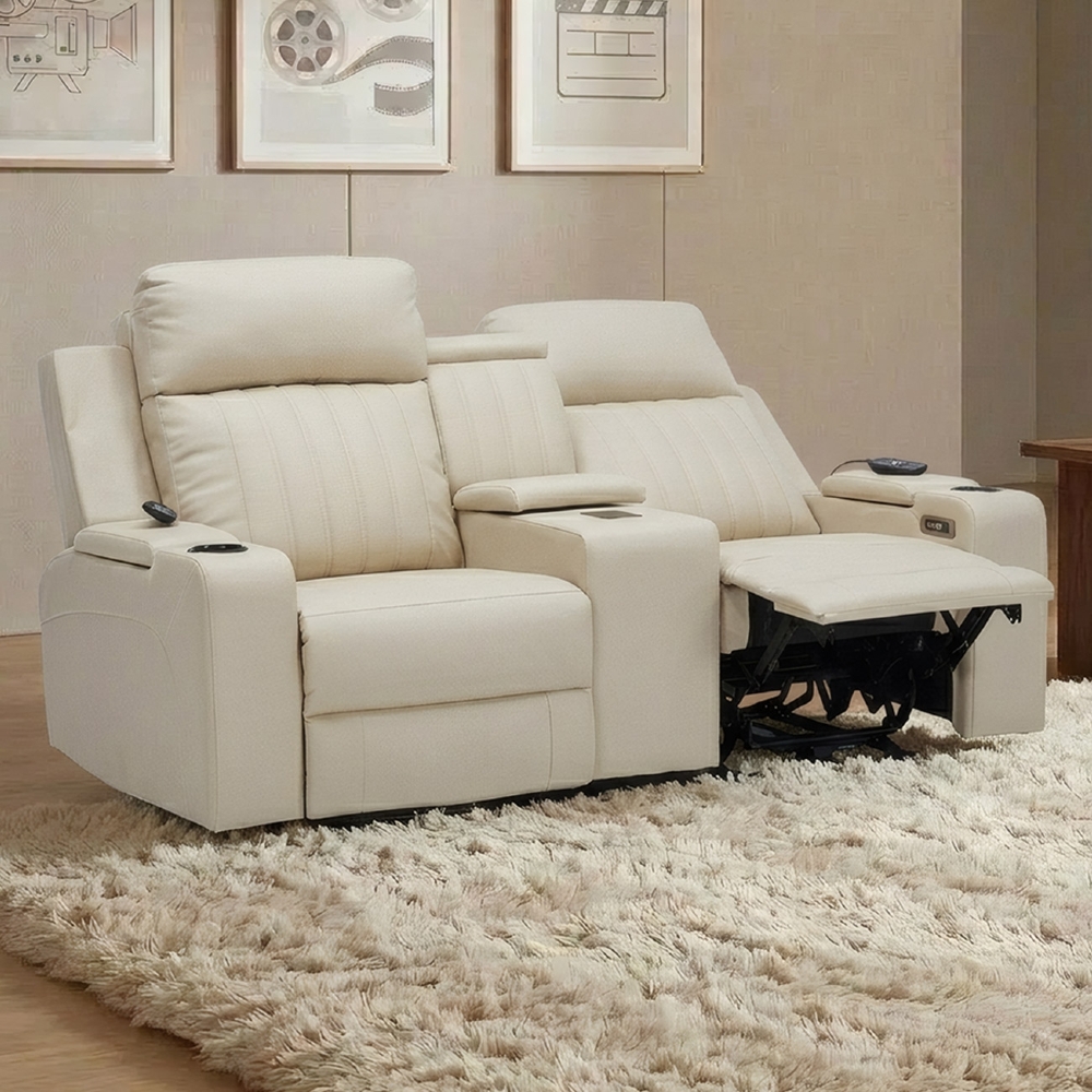 Poltrona Reclinável Cinema 2 Lugares Baú USB PU Moscou Sintético Bege Z57 - Mpozenato
