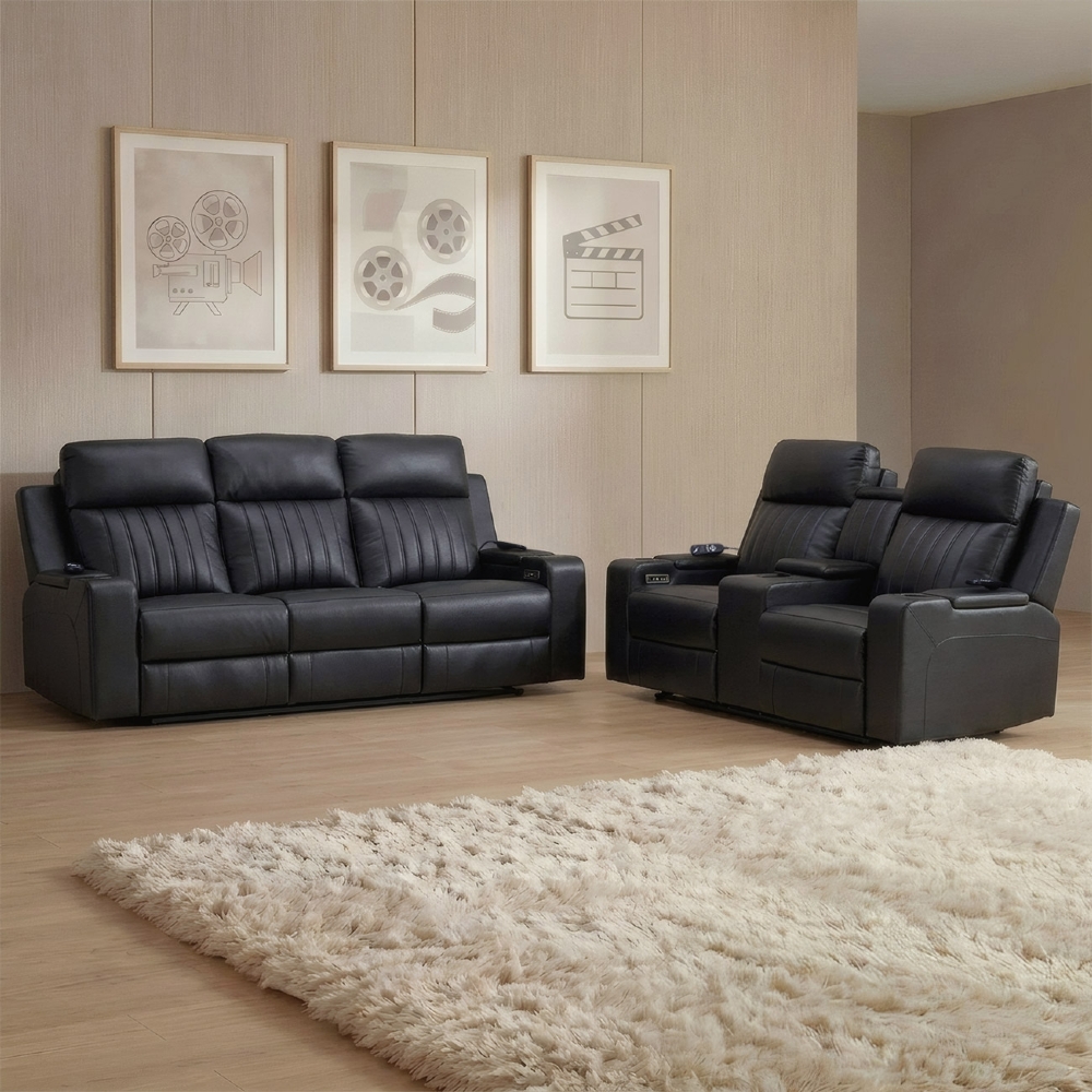 Poltrona Reclinável Cinema 2 e 3 Lugares Baú USB PU Moscou Sintético Preto Z57 - Mpozenato