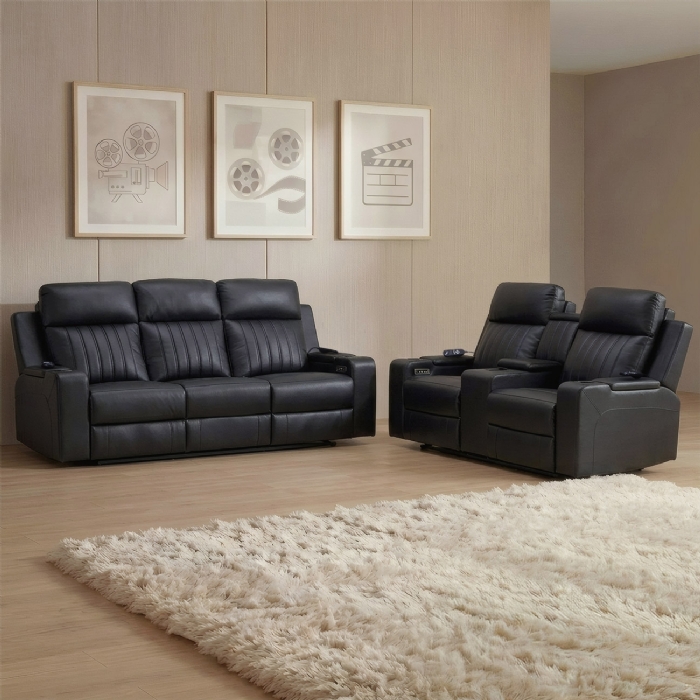 Poltrona Reclinável Cinema 2 e 3 Lugares Baú USB PU Moscou Sintético Preto Z57 - Mpozenato