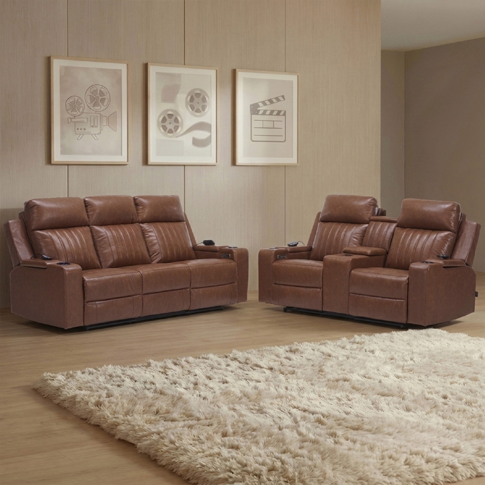 Poltrona Reclinável Cinema 2 e 3 Lugares Baú USB PU Moscou Sintético Camel Z57 - Mpozenato