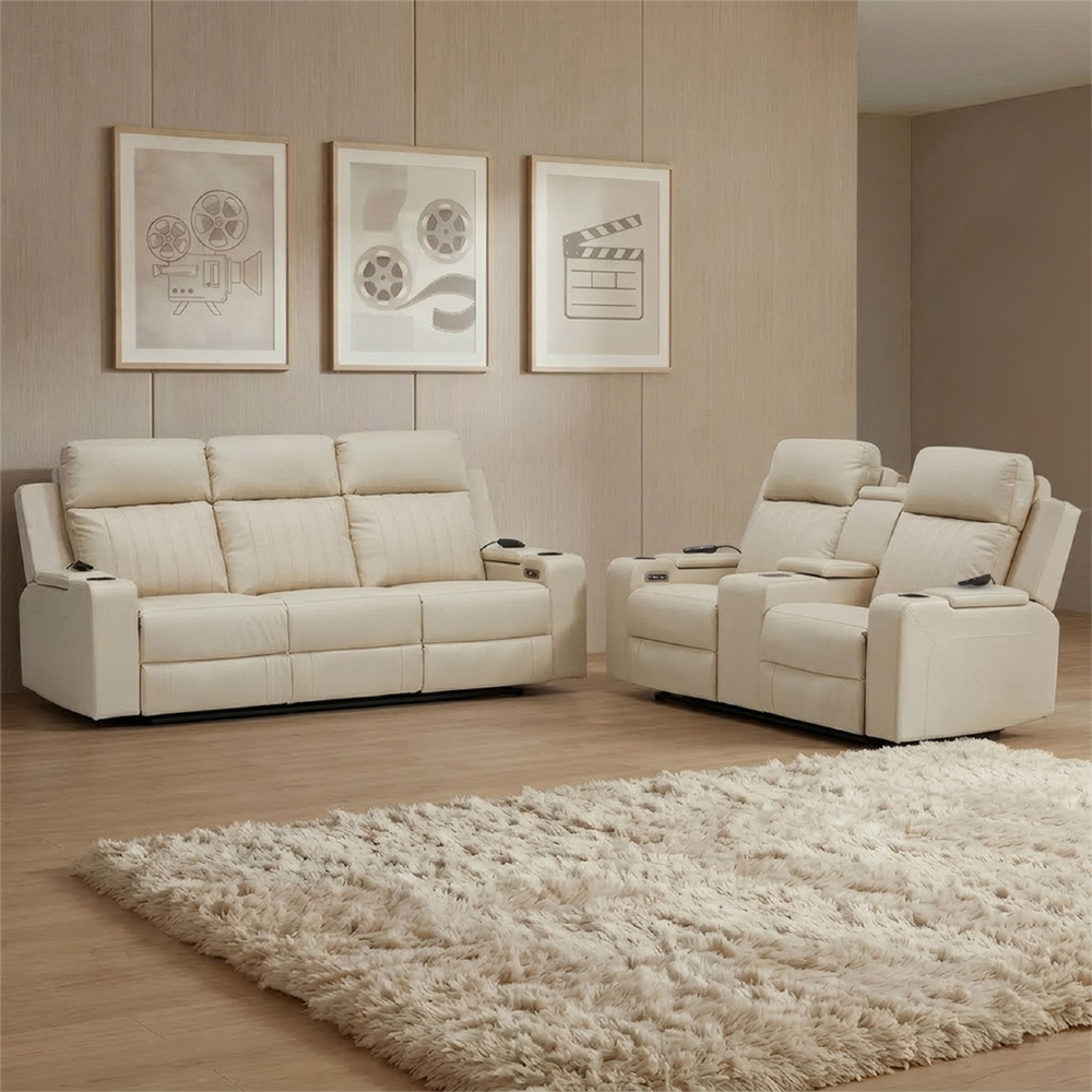 Poltrona Reclinável Cinema 2 e 3 Lugares Baú USB PU Moscou Sintético Bege Z57 - Mpozenato