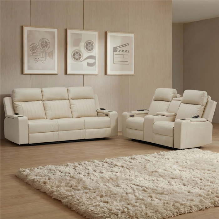 Poltrona Reclinável Cinema 2 e 3 Lugares Baú USB PU Moscou Sintético Bege Z57 - Mpozenato