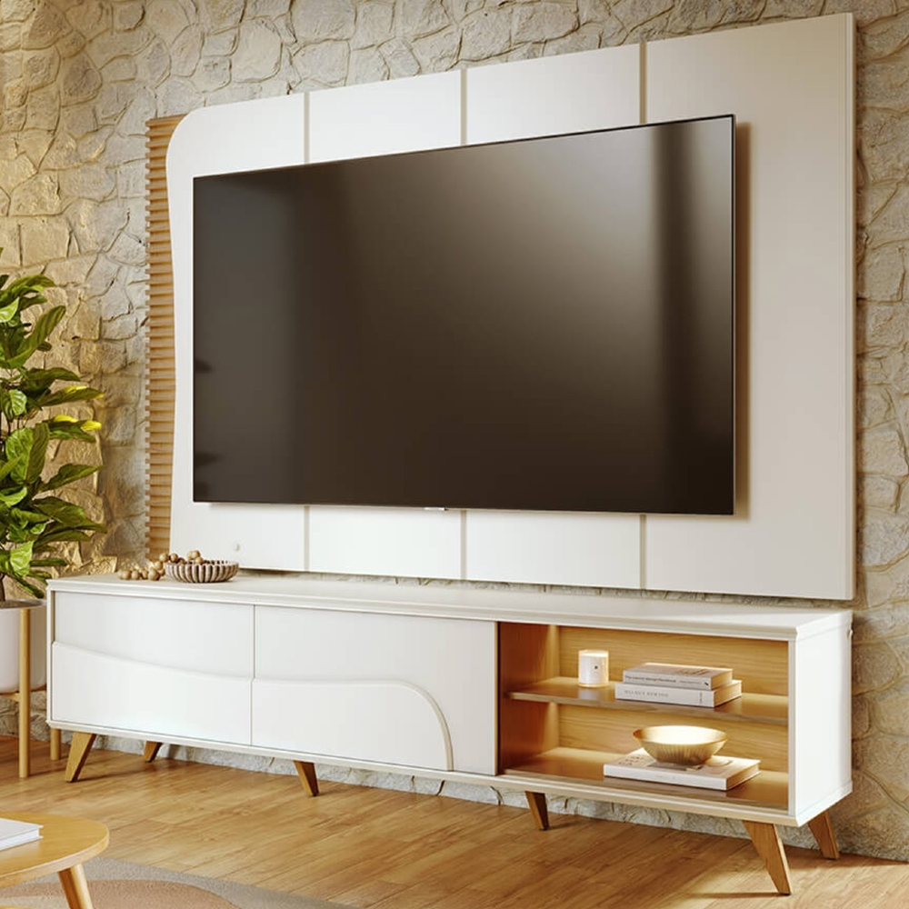 Painel TV 65 Pol LED e Rack Sala Pé Madeira Dante Off/Freijó C05 - Mpozenato