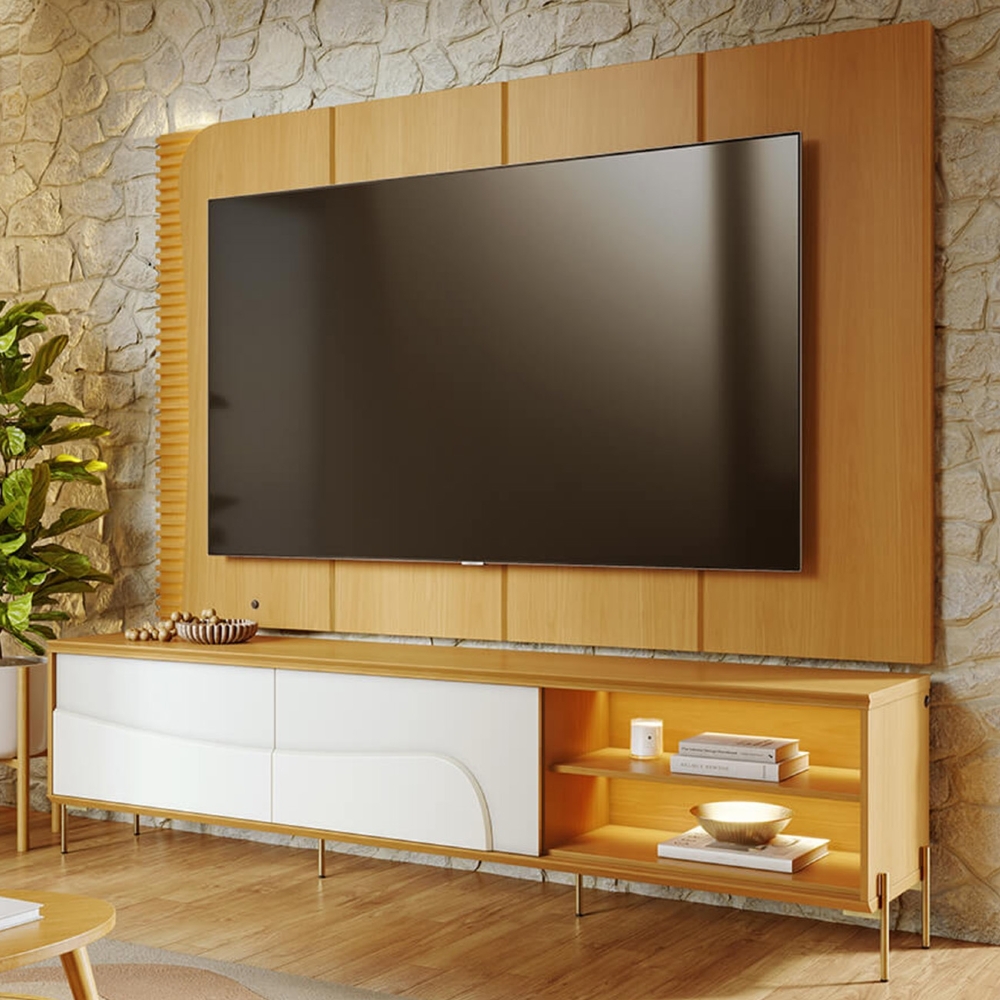 Painel TV 65 Pol LED e Rack Sala Pé Metal Dante Naturale/Off C05 - Mpozenato