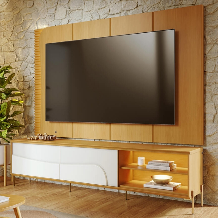 Painel TV 65 Pol LED e Rack Sala Pé Metal Alfh Naturale/Off C05 - Mpozenato