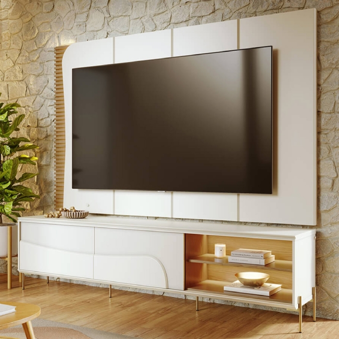 Painel TV 65 Pol LED e Rack Sala Pé Metal Alfh Off/Freijó C05 - Mpozenato