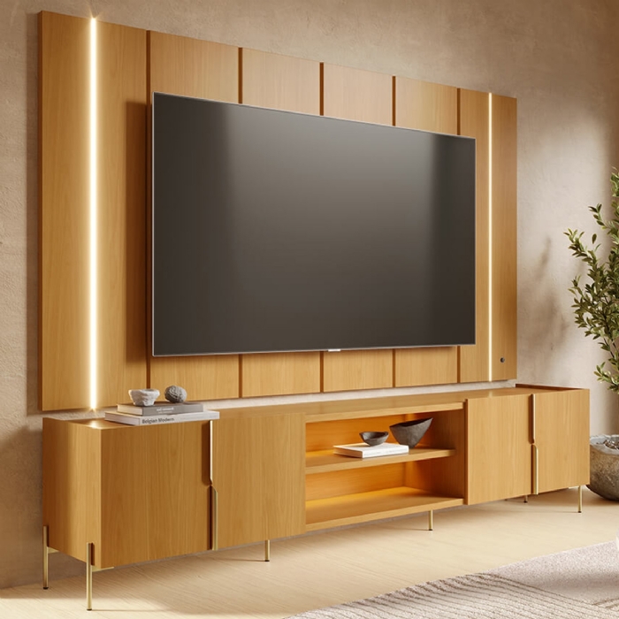 Painel TV 75 Pol LED e Rack Sala Pé Metal Gior Naturale C05 - Mpozenato
