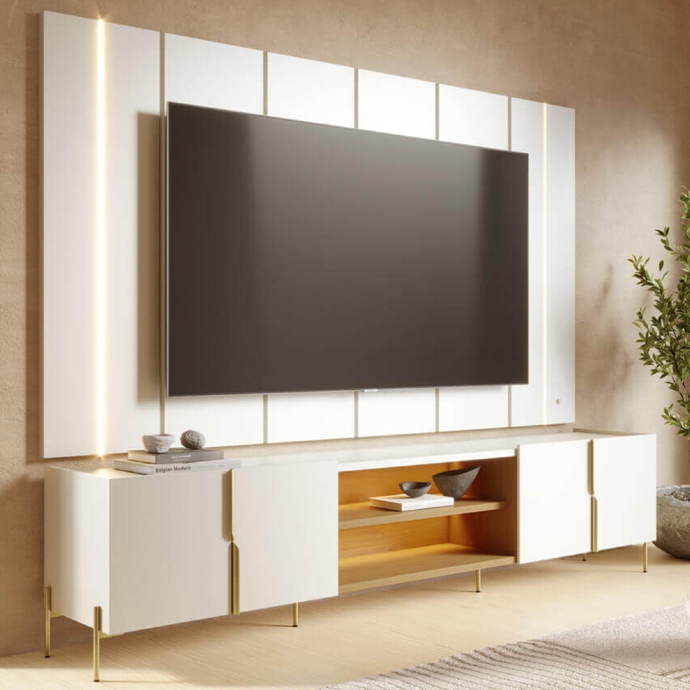 Painel TV 75 Pol LED e Rack Sala Pé Metal Gior Off/Freijó C05 - Mpozenato