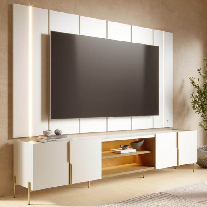 Painel TV 75 Pol LED e Rack Sala Pé Metal Gior Off/Freijó C05 - Mpozenato