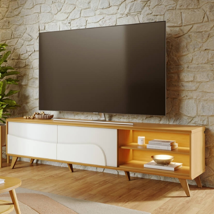 Rack TV 75 Pol 217cm Pé Madeira Dante Naturale/Off C05 - Mpozenato