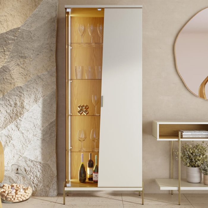 Cristaleira Porta de Vidro 70cm Pés Metal Mercuri Off/Freijó C05 - Mpozenato