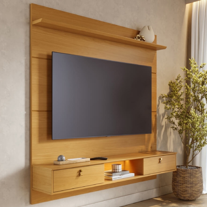 Painel TV 60 Pol Bancada Suspensa 160cm Com LED Zali Naturale C05 - Mpozenato