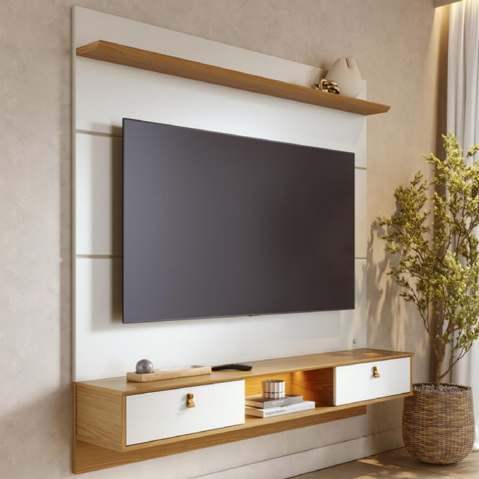 Painel TV 60 Pol Bancada Suspensa 160cm Com LED Zali Off/Freijó C05 - Mpozenato