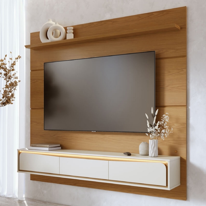 Painel TV 65 Pol Bancada Suspensa 180cm Com LED Tath Freijó/Off C05 - Mpozenato